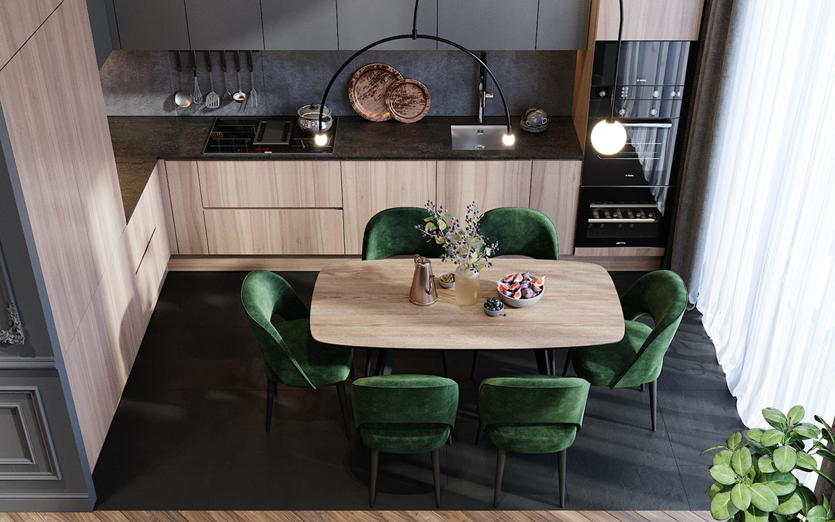 8green-dining-table-set在餐桌組完（wán）成了木紋桌麵，這呼應了現代廚房（fáng）安裝的是擁抱它兩側的光潔度.jpg