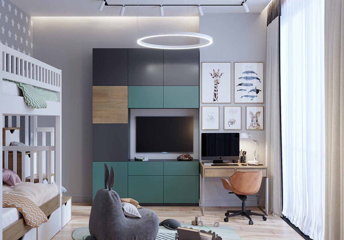 28green-and-grey-kids-room-decor電視周圍（wéi）的櫥櫃已完成了綠（lǜ）色，灰色和木色調的裝（zhuāng）飾，以與房屋的家庭空間中的裝飾形成聯係.jpg